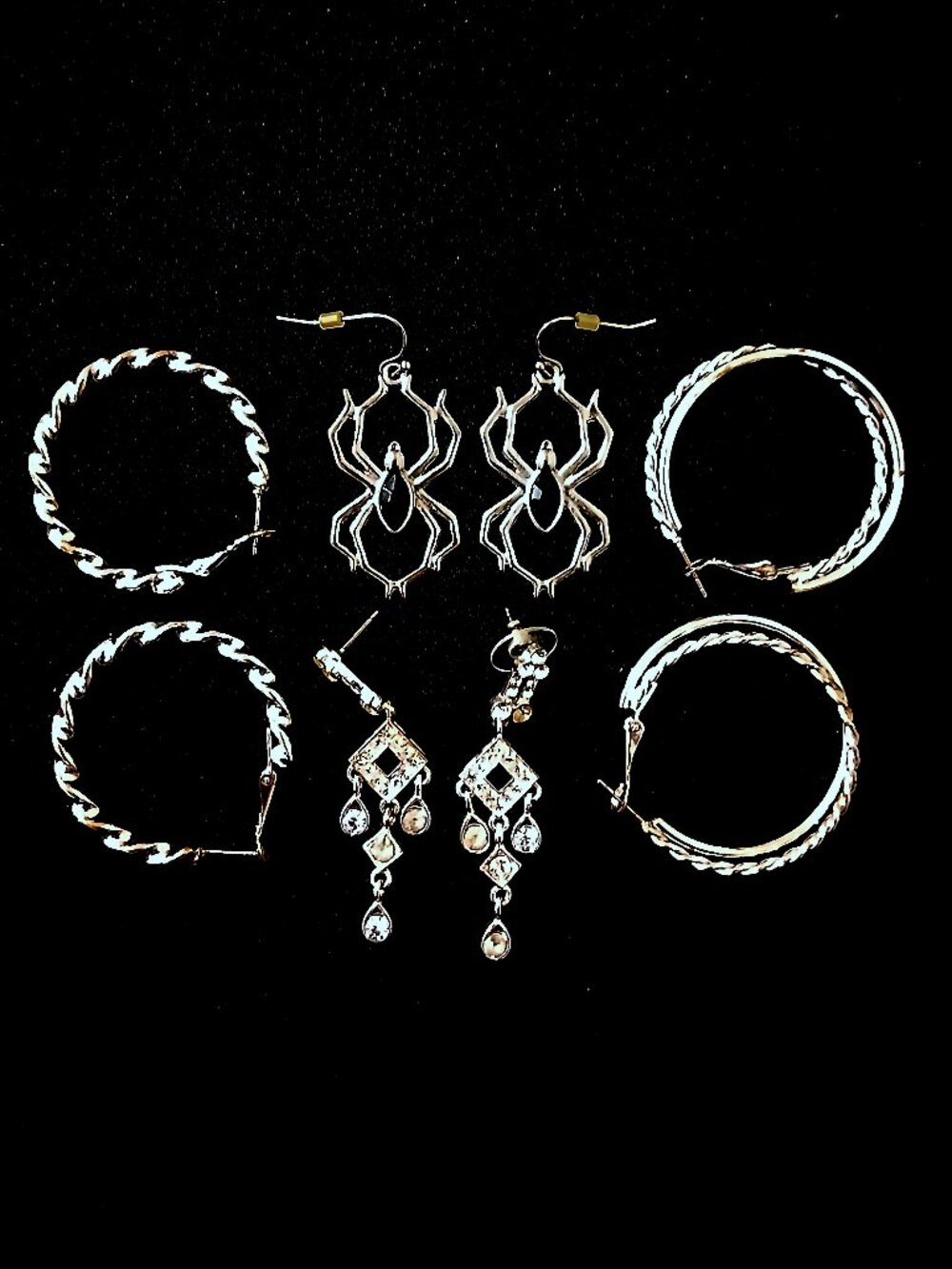 Lot 4 Pairs Fashion Earrings Silver Tone Hoop Spider Chandelier Dangle Statement